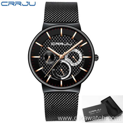 CRRJU Top Brand Luxury Waterproof Ultra Thin Date Watch Mens Watch Steel Strap Casual Quartz Watch White Sport WristWatch